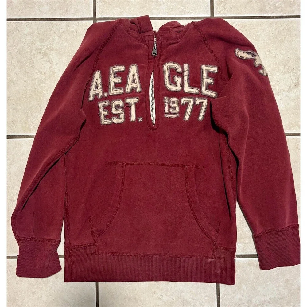 Y2K 90s Vintage American Eagle Mens Hoodie Small Burgundy Half Zip Pullover!